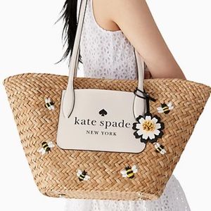Kate Spade Honey Bee Straw Shoulder Tote Bag, NEW 2022, $459 yellow brown beige